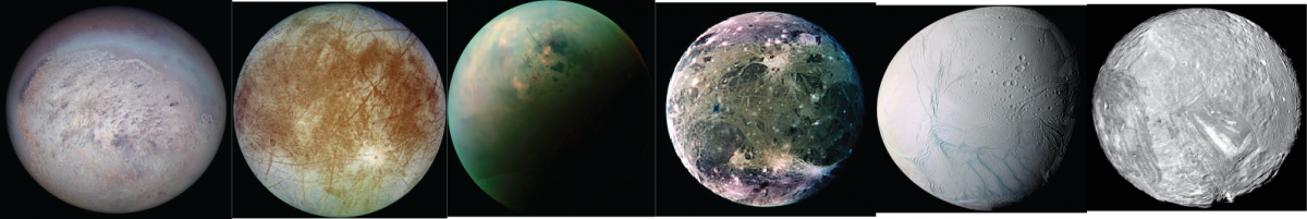 Icy moons of the planets of our solar system. Triton (Neptune's moon), Europa, Titan, Ganymede (Jupiter's moons), Enceladus (Saturn's moon), and Miranda (Uranus' moon) (Image from NASA)