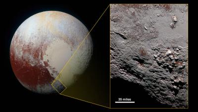 Figure: Mountain range on Pluto that has captured the interest of NASA scientists. Are they ice volcanoes? (Image from NASA)