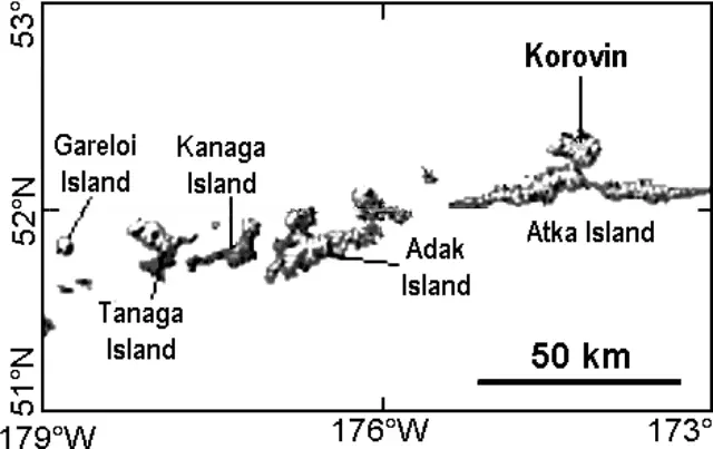 Location of Korovin [Atka] volcano in the Aleutians. Map courtesy of AVO.