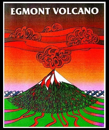 Illustration of Egmont volcano under a red sky