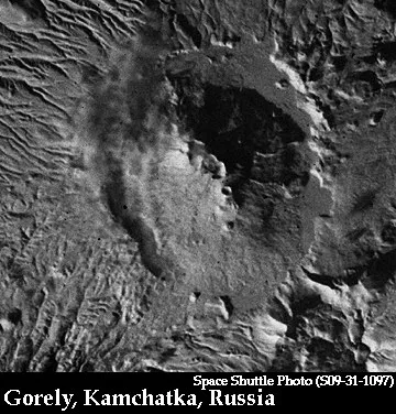 A black and white ariel view of the Gorely caldera 