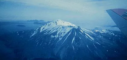 View of Great Sitkin's frosted point from a plane