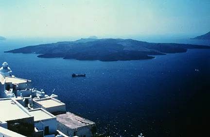 Kameni Islands across the water from the shore of Greek town