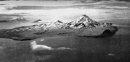 Aerial view of Kanaga volcano from the east.