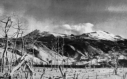 Black and white view of Mount Katmai
