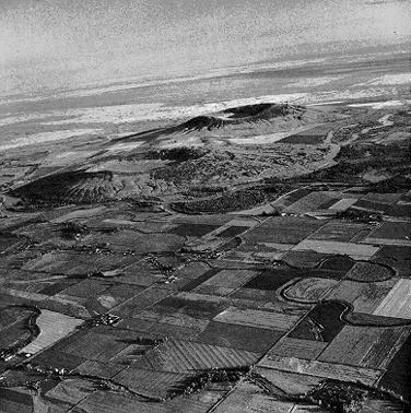 Aerial view of Menan Buttes in black and white