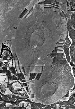 Aerial view of Menan Buttes in black and white