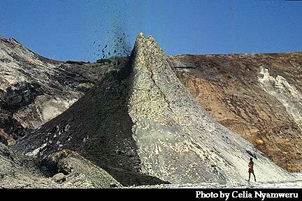 Lava spattering from the top of a small cone on the crater floor