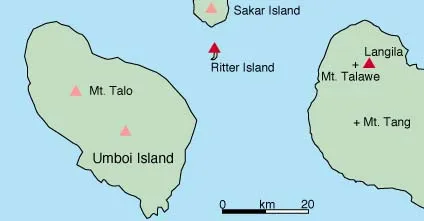 Map of volcanoes on Umboi Island and New Britain