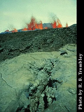 Dolomieu crater with Pahoehoe lava in foreground