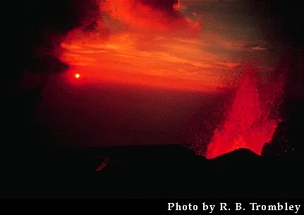 Piton de la Fournaise in full eruption with sunrise