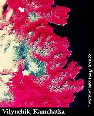 Another view of Vilyuchik by satellite with arrow pointing out the volcano at the top of the image