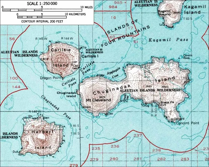 Topographic map of Carlisle Volcano and vicinity (1:250,000 scale) from USGS Amukta and Samalga island