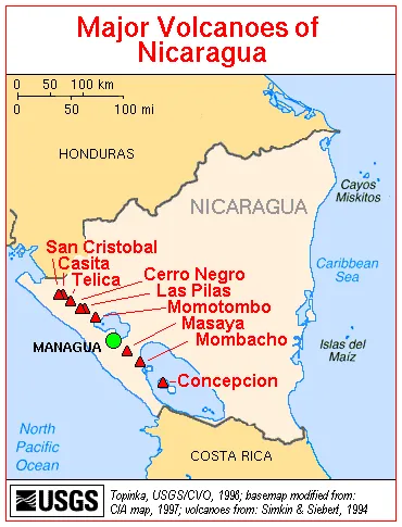 Map of volcanoes in Nicaragua
