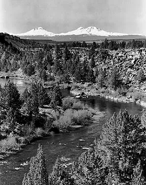 River winding through a forest with three snowy peaks in the distance