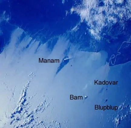 Space Shuttle photo STS027-0032-0071 looking southwest along the coast of Papua New Guinea and across the offshore volcanic islands.