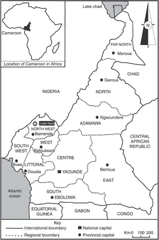 Figure: Location of Lake Nyos in Cameroon. (Image source unknown)