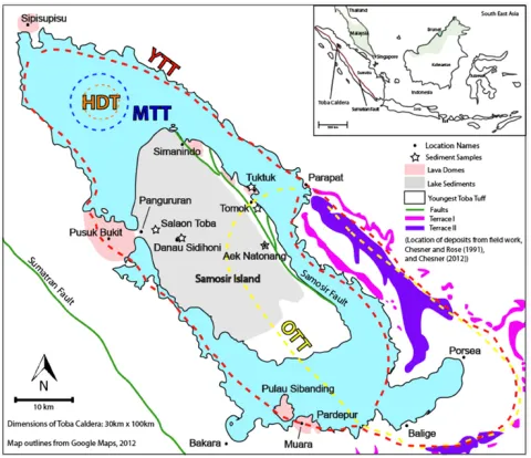 Figure: Taken from de Silva et al., 2015, this figure shows the caldera outlines from the previous eruptions that have formed Toba Caldera.