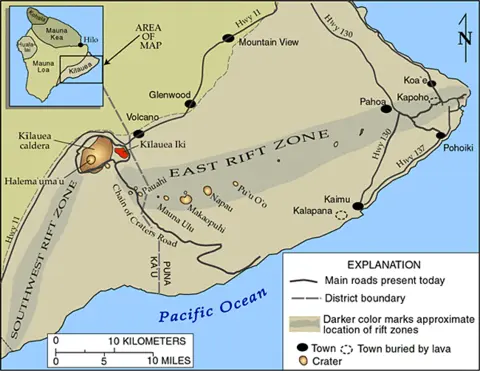 Figure: Map of Puʻu ʻŌʻō in relation to Kīlauea on the Big Island, Hawai`i.(by Johnson, 2000)