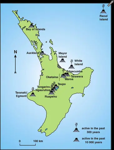 Figure: New Zealand's North Island and associated volcanoes (from http://www.civildefence.govt.nz/)