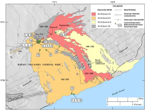 Figure: Map of lava flows from Puʻu ʻŌʻō divided by episodes and stages of the eruption. (by Orr, 2011)