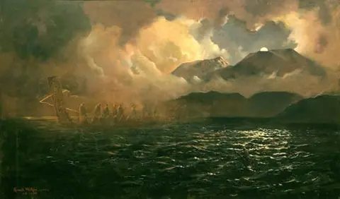 Painting depicting the phantom canoe that appeared on Lake Tarawera 11 days before the eruption (Painting by Kennett Watkins)