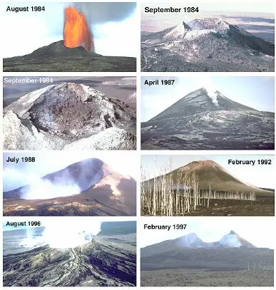 Figure: Changing morphology of the Puʻu ʻŌʻō cone. (from NASA's Virtually Hawaii as depicted in https://www.soest.hawaii.edu/GG/HCV/puuoo_history.html)