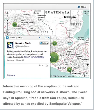 Figure: Example of scientists mapping the social media impact of a volcanic eruption of Santiaguito in Guatemala on ESRI