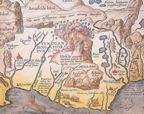 Figure: Drawn map of the Gateway to Hell, Hekla, from 1585, by A. Ortelius (Photo from Wikimedia Commons)