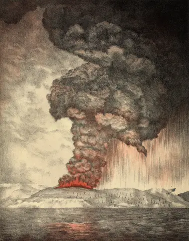 A lithograph drawing of Krakatoa's 1883 eruption that produced pumice rafts of several squared kilometers